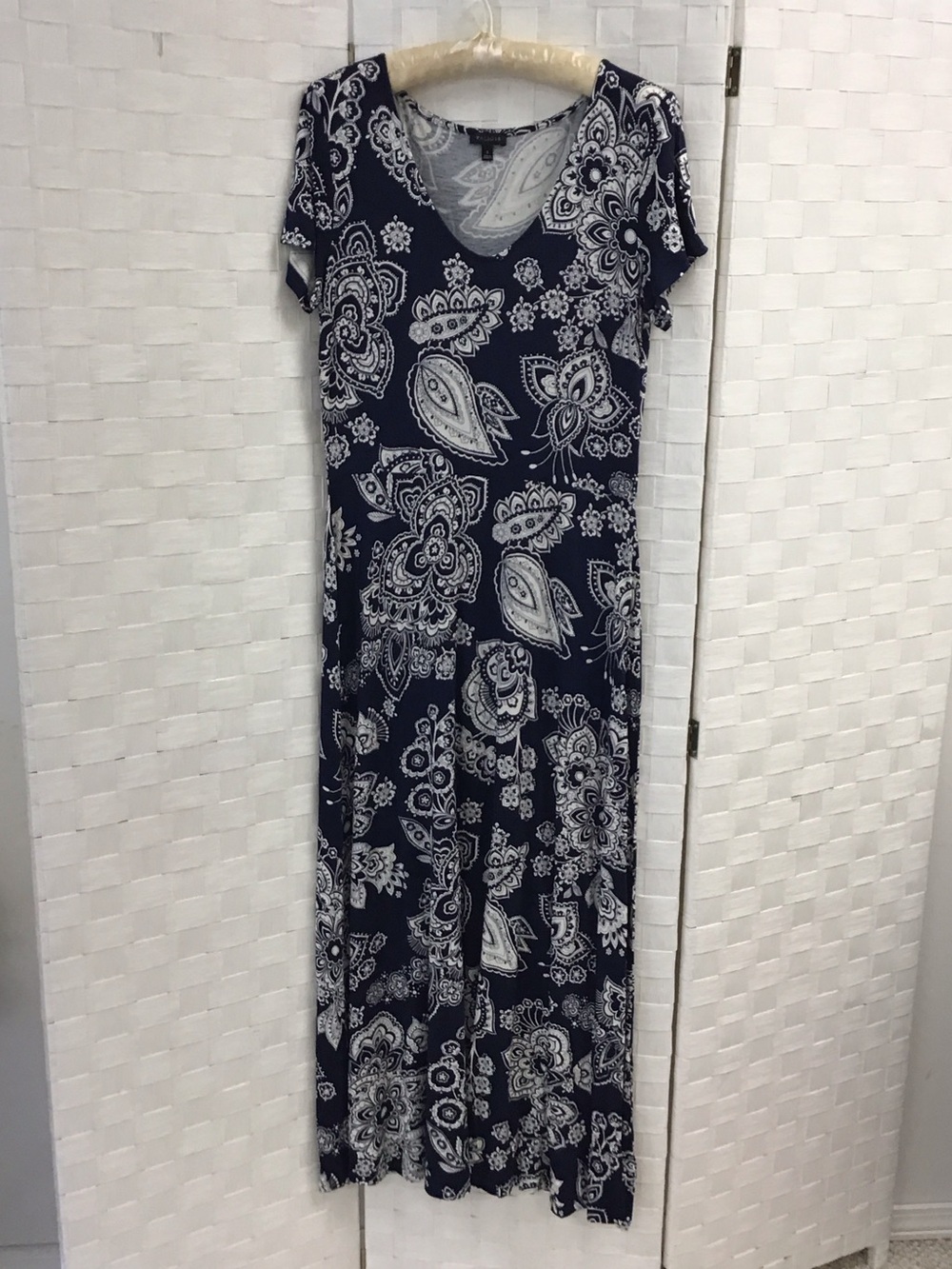 Talbots Navy and White Paisley Short-Sleeve Maxi Dress